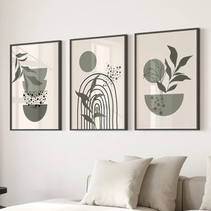 3 Piece Boho Wall Art Prints. Green Mid-Century Abstract Decor