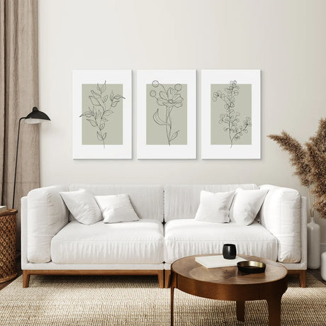 Pastel Wild Flowers Set of 3 Prints. Botanical Line Art