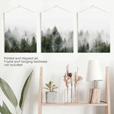 Pine Tree Foggy Forest Triptych. Nordic Wall Decor