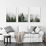 Pine Tree Foggy Forest Triptych. Nordic Wall Decor