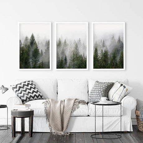 Green Pine Tree Forest. Foggy Nature Wall Art Prints