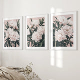 Peonies Flowers Wall Art Set of 3. Pink and Green Decor