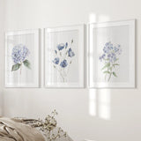 Watercolor Blue Flowers.Wall Art Set of 3 Piece