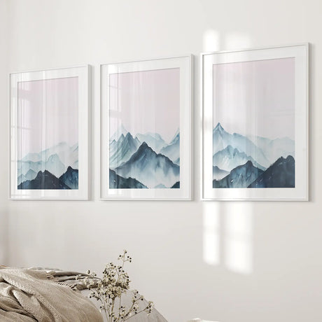 Modern Blue Watercolor Mountain Landscape Prints