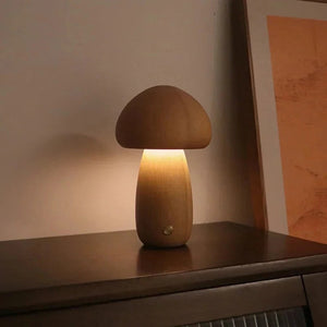 Mushroom Bedside Lamp – Touch-Controlled Dimmable Beech Wood Nightstand Light