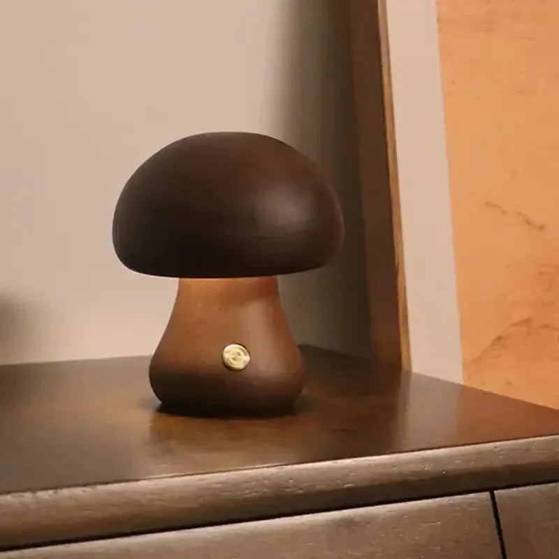 Mushroom Bedside Lamp – Touch-Controlled Dimmable Beech Wood Nightstand Light