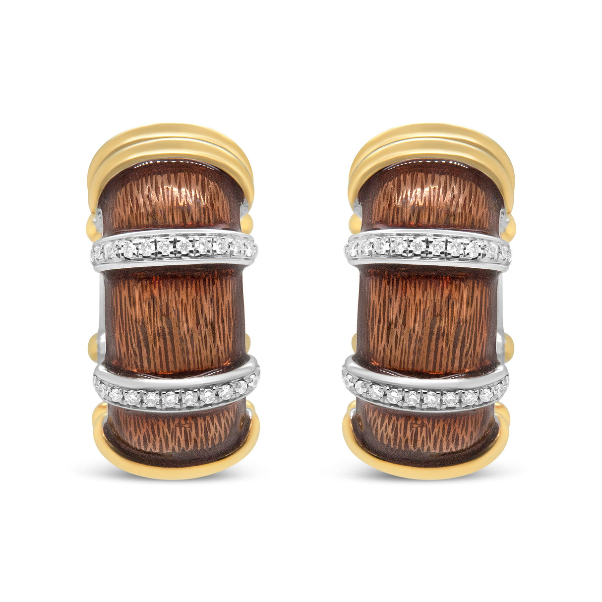 18K Yellow and White Gold Flash Plated .925 Sterling Silver Clear Brown Enamel 9/10 Cttw Round Diamonds Huggie Hoop Earrings (F-G Color, VS1-VS2 Clarity)