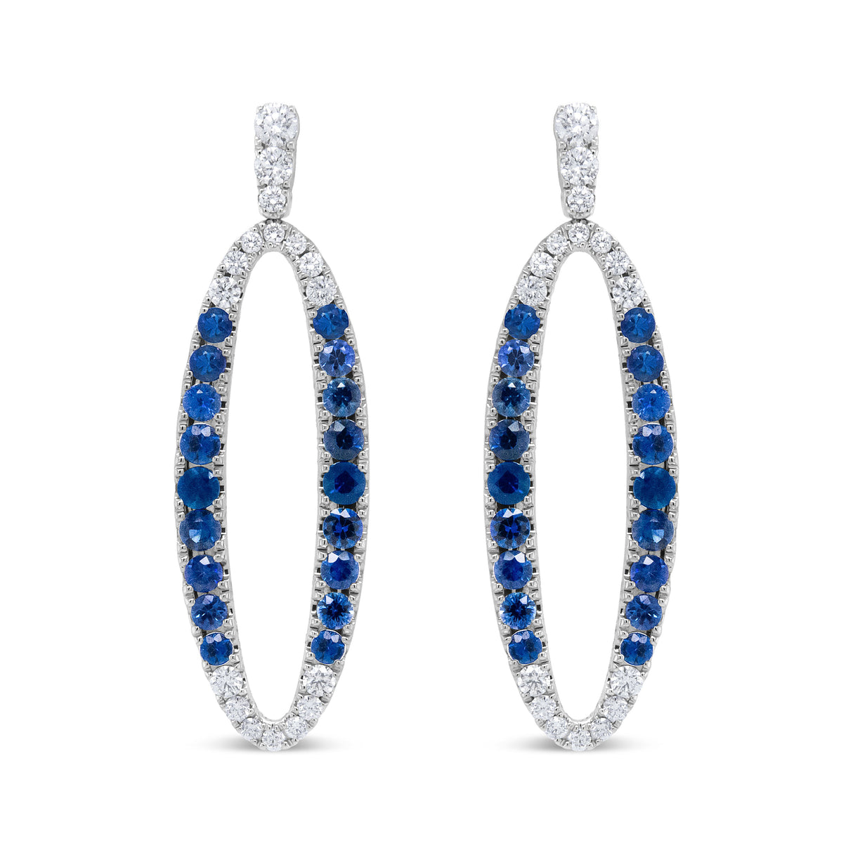 18K White Gold 1.11 Cttw Blue Round Diamond and Blue Sapphire Openwork Oval Shaped Dangle Earrings (F-G Color, VS1-VS2 Clarity)
