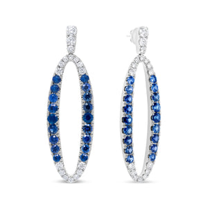 18K White Gold 1.11 Cttw Blue Round Diamond and Blue Sapphire Openwork Oval Shaped Dangle Earrings (F-G Color, VS1-VS2 Clarity)