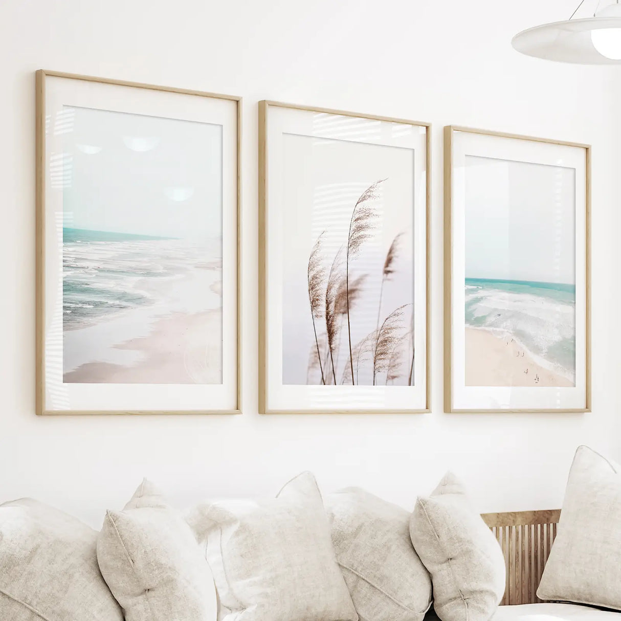 Coastal Boho Wall Art. Beach Pampas Grass, Blue Ocean Waves