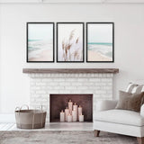 Coastal Boho Wall Art. Beach Pampas Grass, Blue Ocean Waves