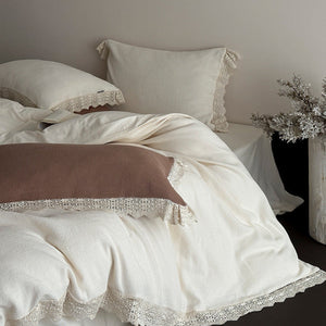 Nora Lace Double Gauze Ruffle Bedding Set in Beige