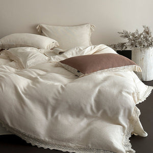 Nora Lace Double Gauze Ruffle Bedding Set in Beige