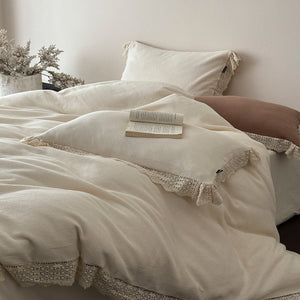 Nora Lace Double Gauze Ruffle Bedding Set in Brown