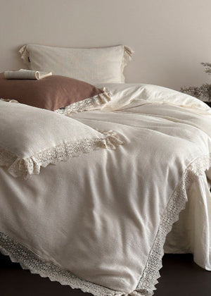 Nora Lace Double Gauze Ruffle Bedding Set in Beige