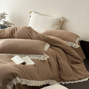 Nora Lace Double Gauze Ruffle Bedding Set in Brown