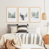 Nordic Winter Wall Art Set of 3. Snowy Forest and Moose