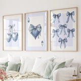 Blue Coquette Bows Wall Art Set of 3 Prints Decor