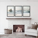 Ocean Beach with Rocks. Beige Blue Coastal Triptych