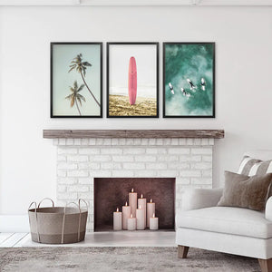 Pink Surfboard Wall Art. Pastel Beach, Waves, Tropical Palms