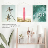 Pink Surfboard Wall Art. Pastel Beach, Waves, Tropical Palms