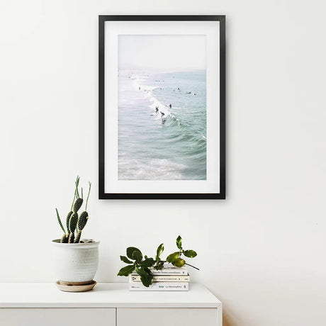Pastel California Beach Print. Surfers and Ocean Waves