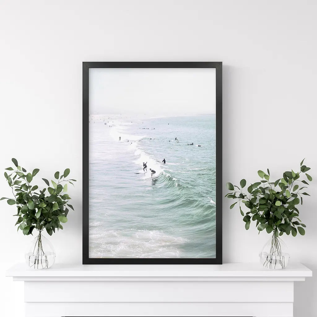 Pastel California Beach Print. Surfers and Ocean Waves