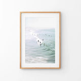 Pastel California Beach Print. Surfers and Ocean Waves