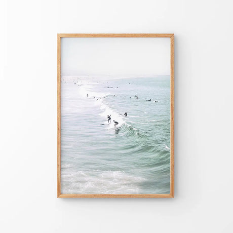 Pastel California Beach Print. Surfers and Ocean Waves