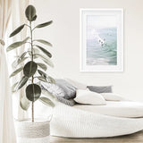 Pastel California Beach Print. Surfers and Ocean Waves
