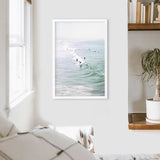 Pastel California Beach Print. Surfers and Ocean Waves