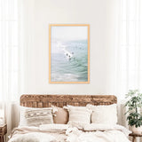 Pastel California Beach Print. Surfers and Ocean Waves