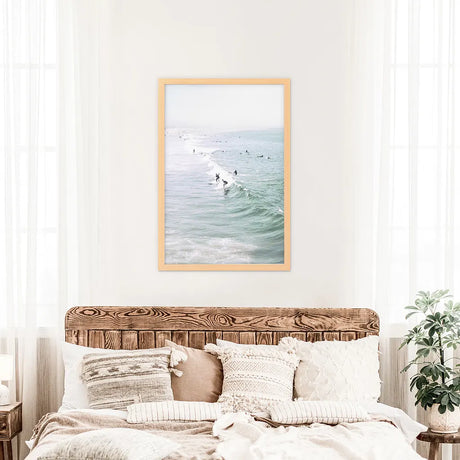 Pastel California Beach Print. Surfers and Ocean Waves