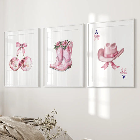 Cowgirl Hat and Boots Wall Art Pink Poster Set