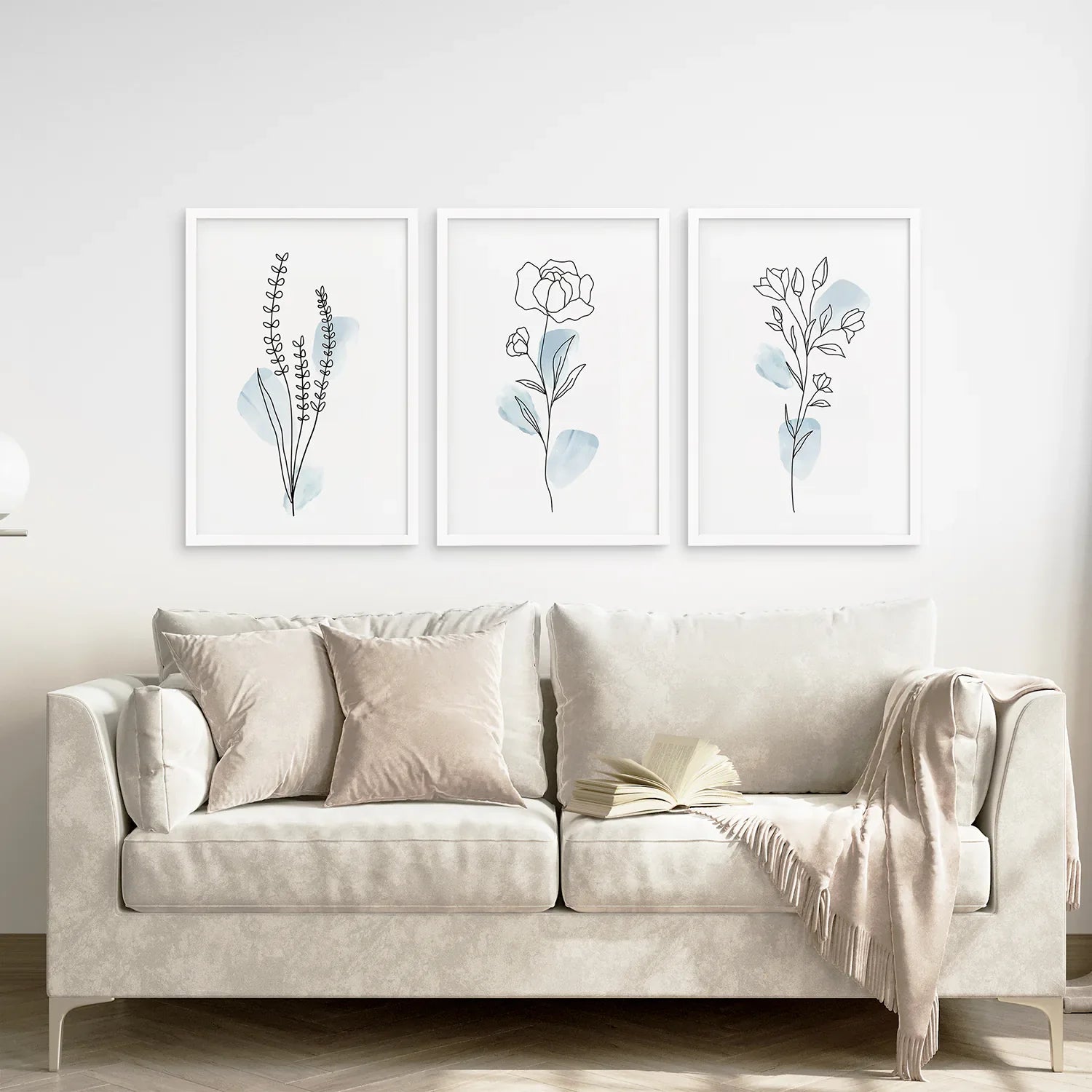 Botanical Line Art Set of 3 Pieces. Pastel Blue Flowers