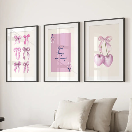 Trendy Pink Bows Wall Art Girly Print Decor Set