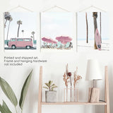 Girl's Nursery Beach Wall Art. Pink Surfboard, Bus, Umbrella