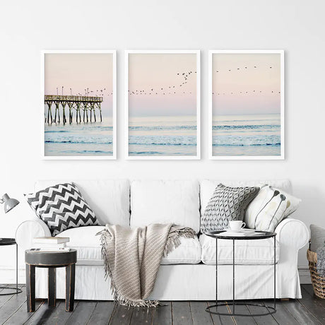 Pink Ocean Sunset Triptych. Wooden Pier, Waves, Seagulls