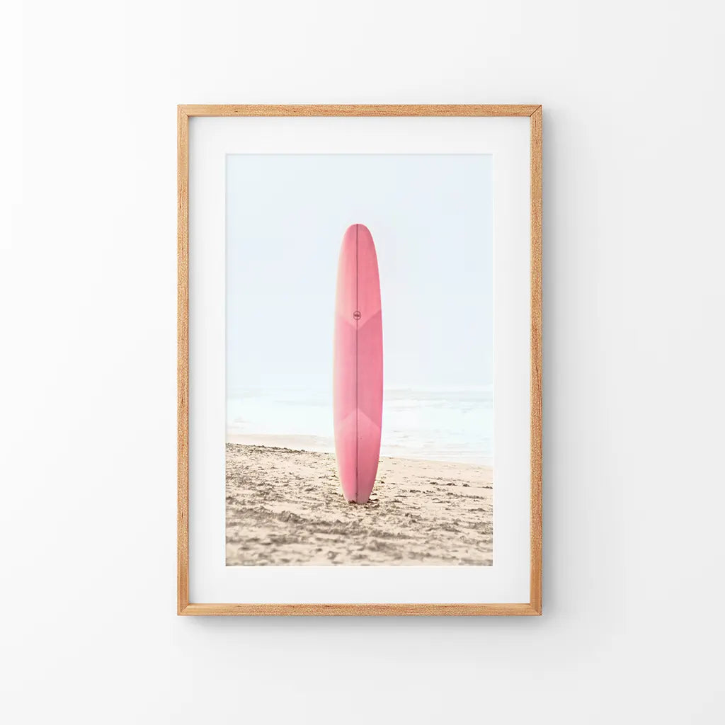 Pink Surfboard on a Sandy Beach Print. California Summer