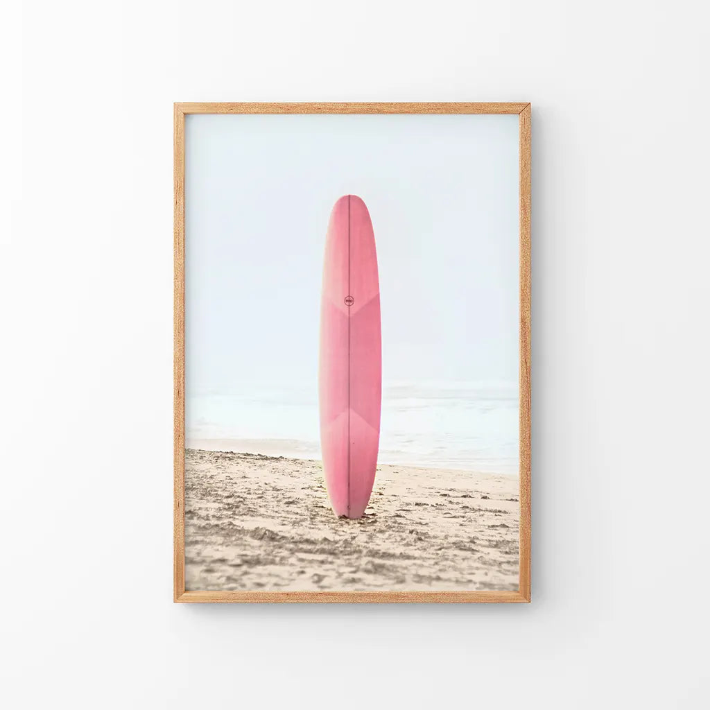 Pink Surfboard on a Sandy Beach Print. California Summer