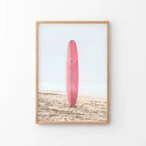Pink Surfboard on a Sandy Beach Print. California Summer