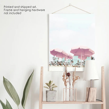 Pink Umbrella Wall Art Print. Summer Beach Theme