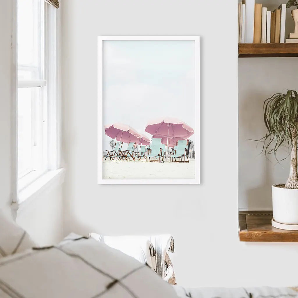 Pink Umbrella Wall Art Print. Summer Beach Theme