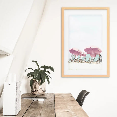 Pink Umbrella Wall Art Print. Summer Beach Theme