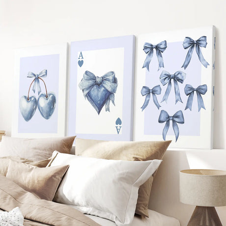 Blue Coquette Bows Wall Art Set of 3 Prints Decor