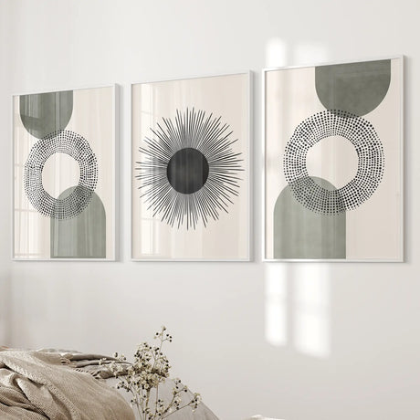 Set of 3 Boho Prints. Sage Green Modern Mid Century Wall Art.