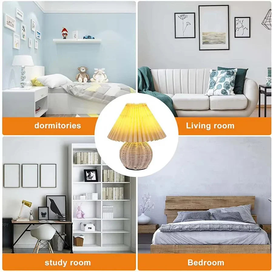 Pleated Fabric Bedside Table Lamp USB LED Light Retro Rattan Shade for Home Decor