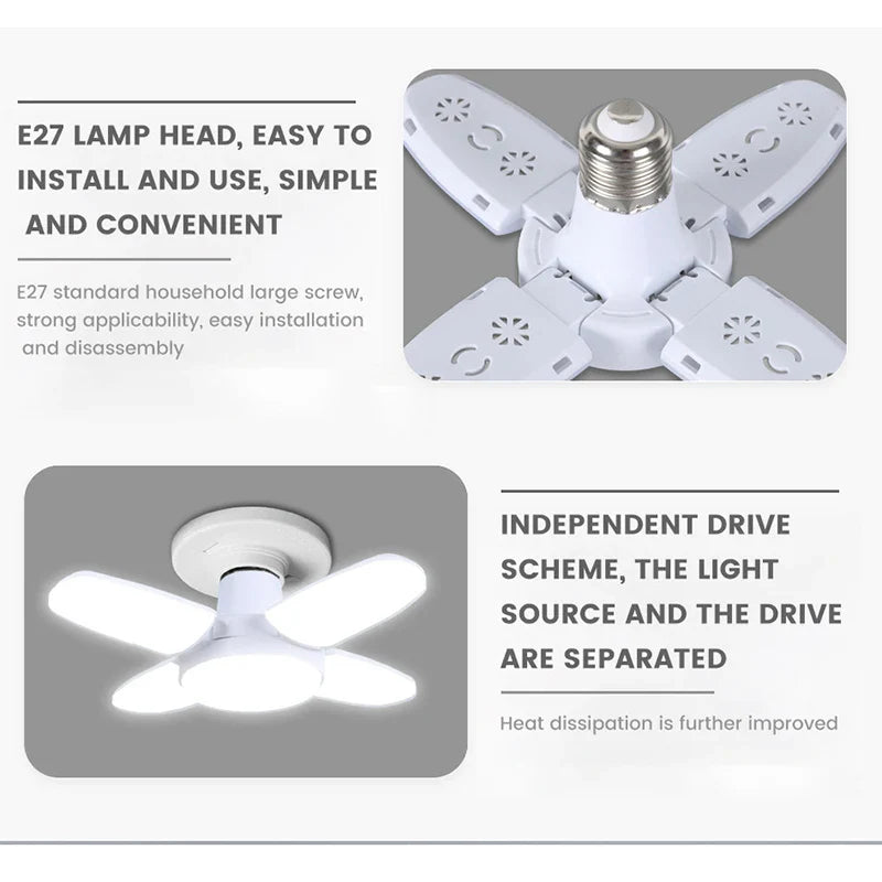 E27 Foldable LED Garage Light Fan Bulb 6500K Deformable Ceiling Lamp
