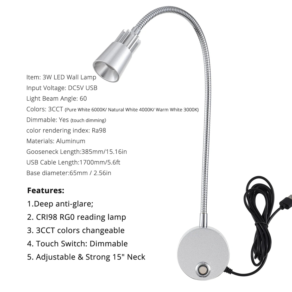 USB Wall Reading Lamp Dimmable Gooseneck Bedside Light 3CCT CRI98