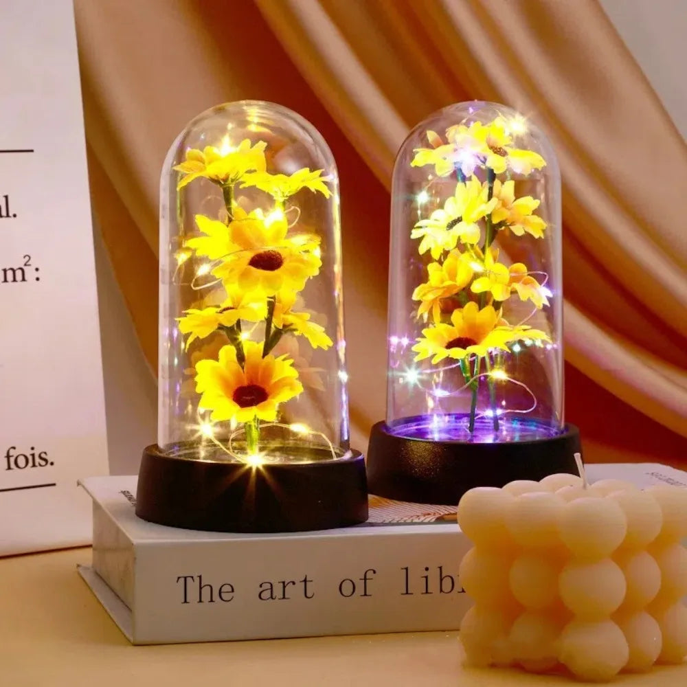 Sunflower LED Glass Dome Night Light Artificial Flower Graduation Gift Home Decor